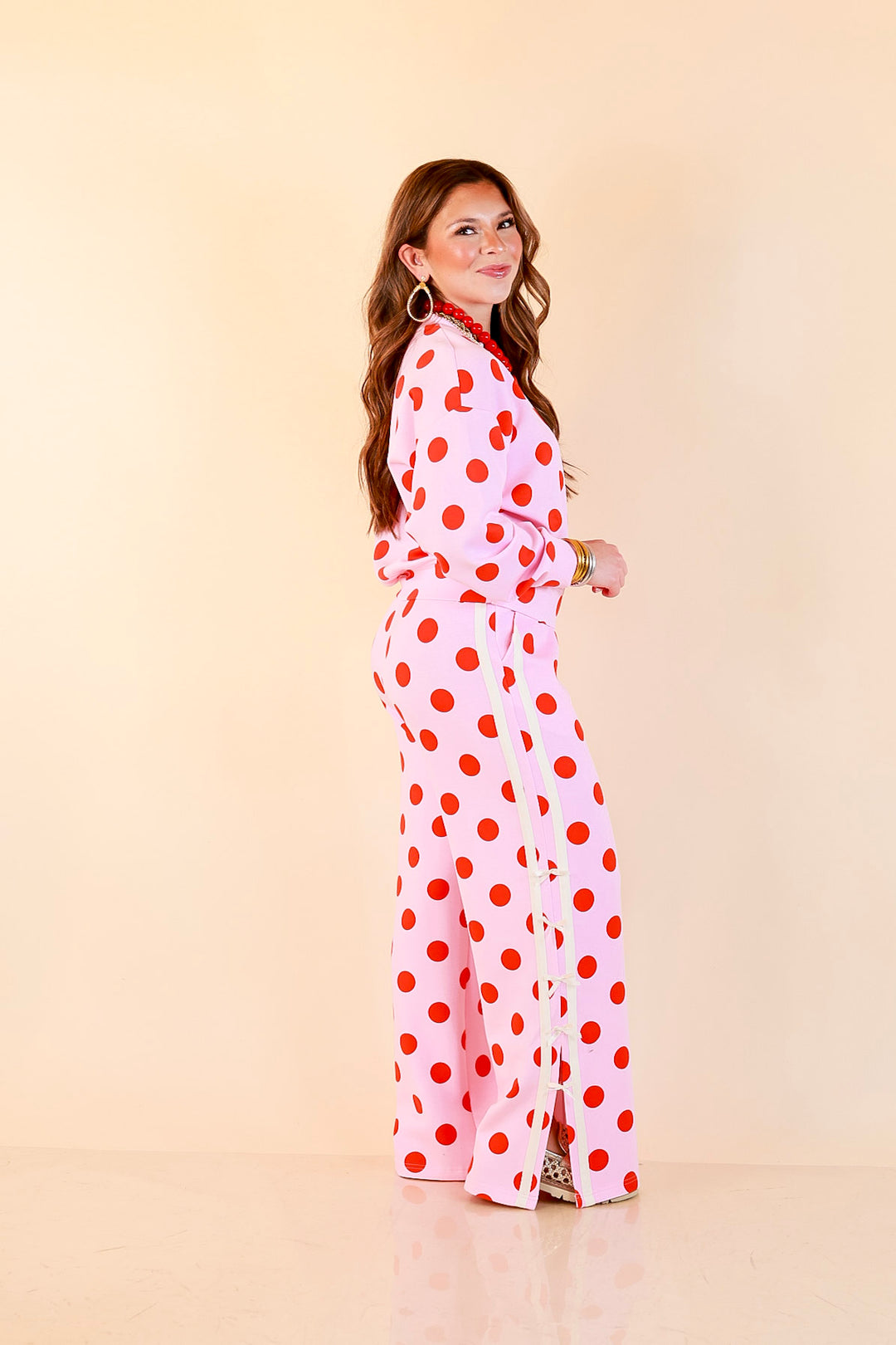 Simply Southern | Modern Staple Buttery Soft Pull-On Wide Leg Knit Polka Dot Pants with Side Bow Detail in Pink and Red