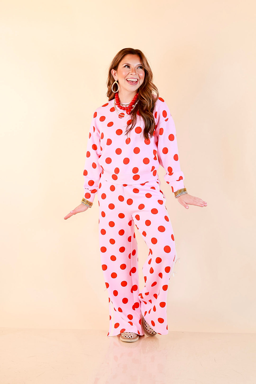 Simply Southern | Modern Staple Buttery Soft Pull-On Wide Leg Knit Polka Dot Pants with Side Bow Detail in Pink and Red