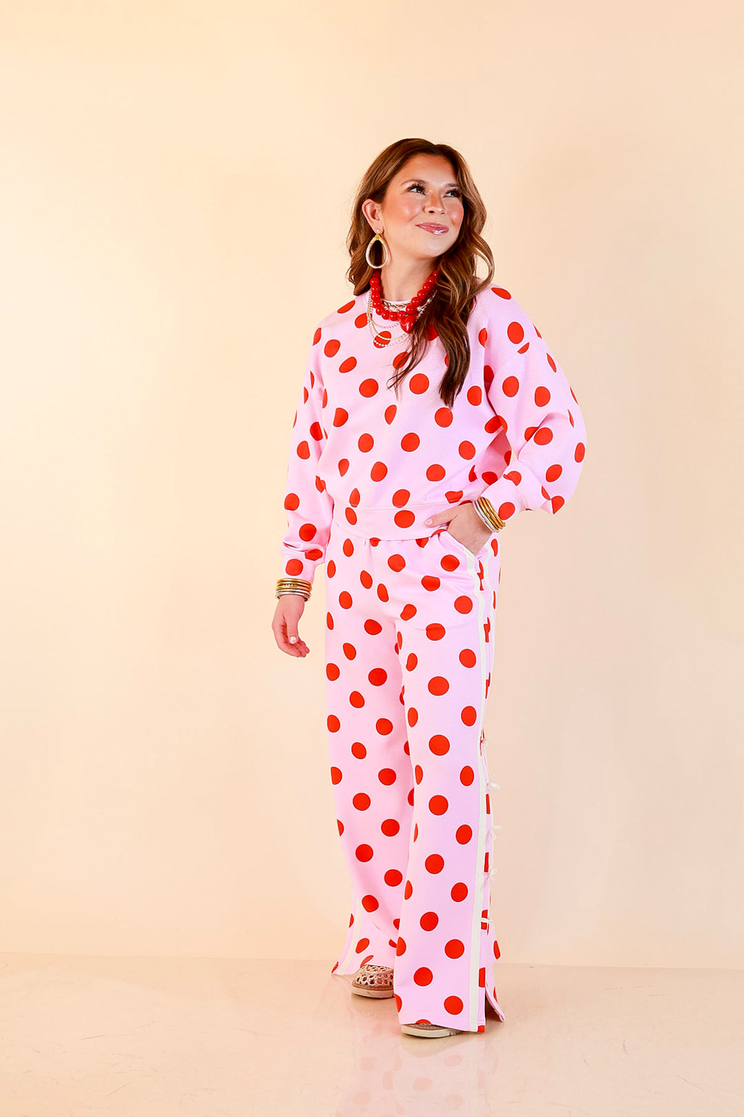 Simply Southern | Modern Staple Buttery Soft Pull-On Wide Leg Knit Polka Dot Pants with Side Bow Detail in Pink and Red