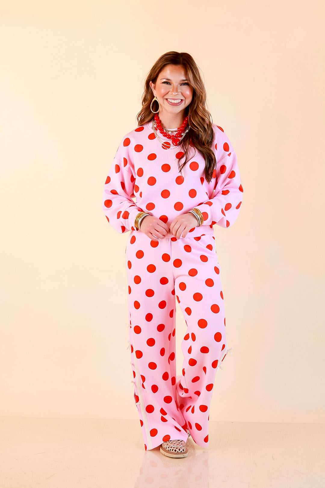 Simply Southern | Modern Staple Buttery Soft Pull-On Wide Leg Knit Polka Dot Pants with Side Bow Detail in Pink and Red