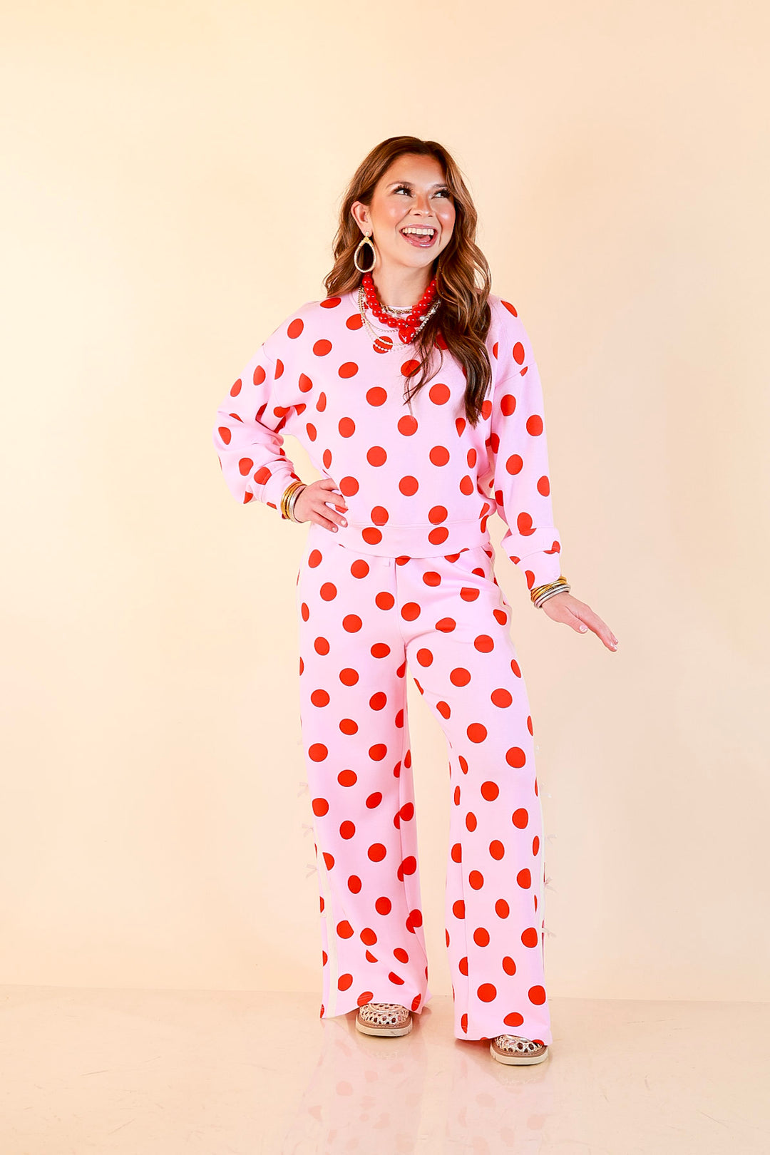 Simply Southern | Modern Staple Buttery Soft Pull-On Wide Leg Knit Polka Dot Pants with Side Bow Detail in Pink and Red