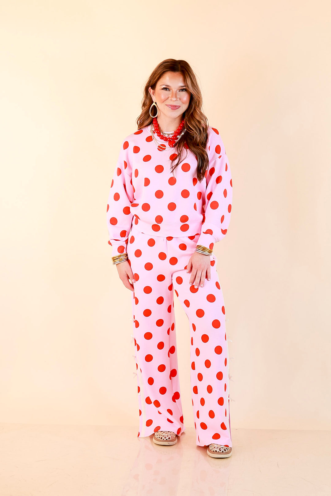 Simply Southern | Modern Staple Buttery Soft Pull-On Wide Leg Knit Polka Dot Pants with Side Bow Detail in Pink and Red