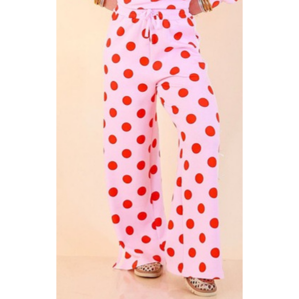 Simply Southern | Modern Staple Buttery Soft Pull-On Wide Leg Knit Polka Dot Pants with Side Bow Detail in Pink and Red