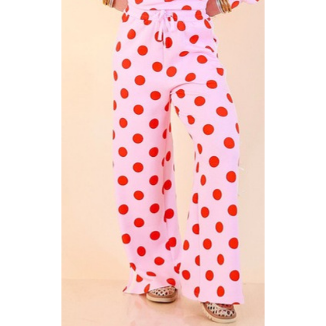 Simply Southern | Modern Staple Buttery Soft Pull-On Wide Leg Knit Polka Dot Pants with Side Bow Detail in Pink and Red