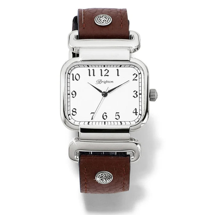 Leather watch with silver on a white background.