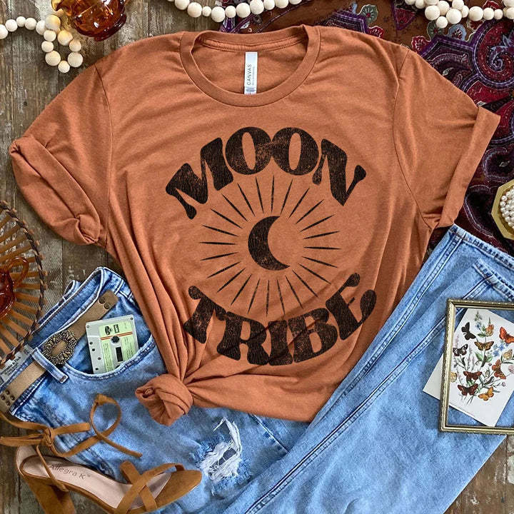 Online Exclusive | Moon Tribe Short Sleeve Graphic Tee in Harvest Brown - Giddy Up Glamour Boutique