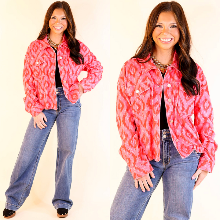 New In Town Mosaic Print Corduroy Jacket in Pink and Red