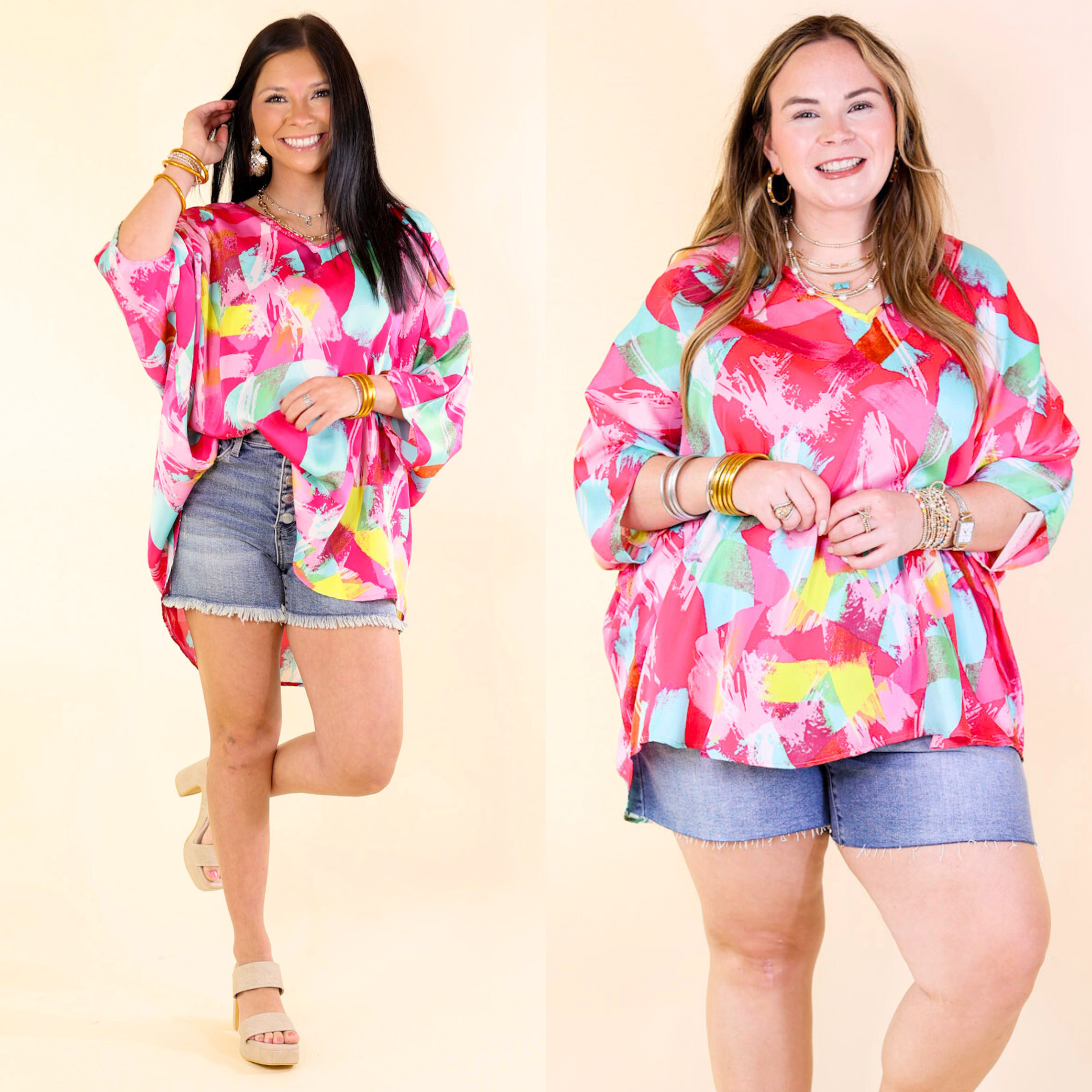 Spring It On Multi Color Brush Stroke Print Poncho Top in Pink Mix