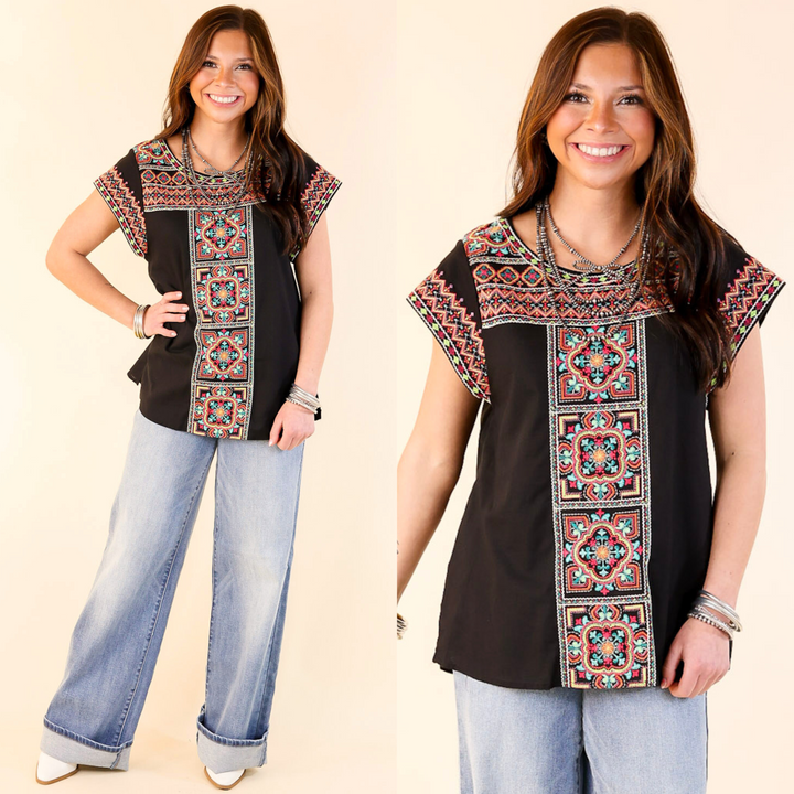 Take A Trip Multi Color Embroidered Cap Sleeve Top in Black