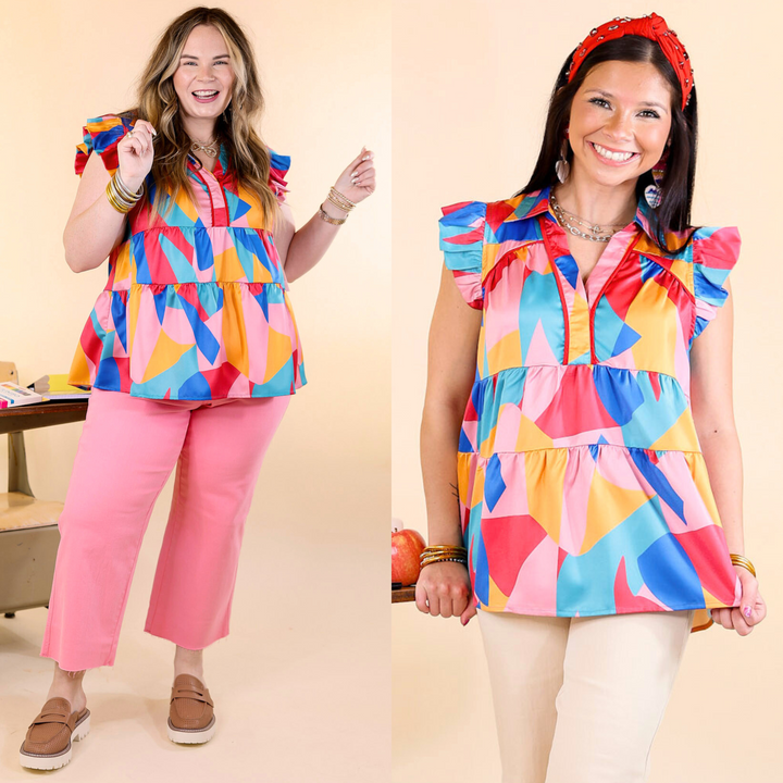 Last Chance Size XL | I Can't Wait V Neck with Ruffled Sleeves Top in Multicolor