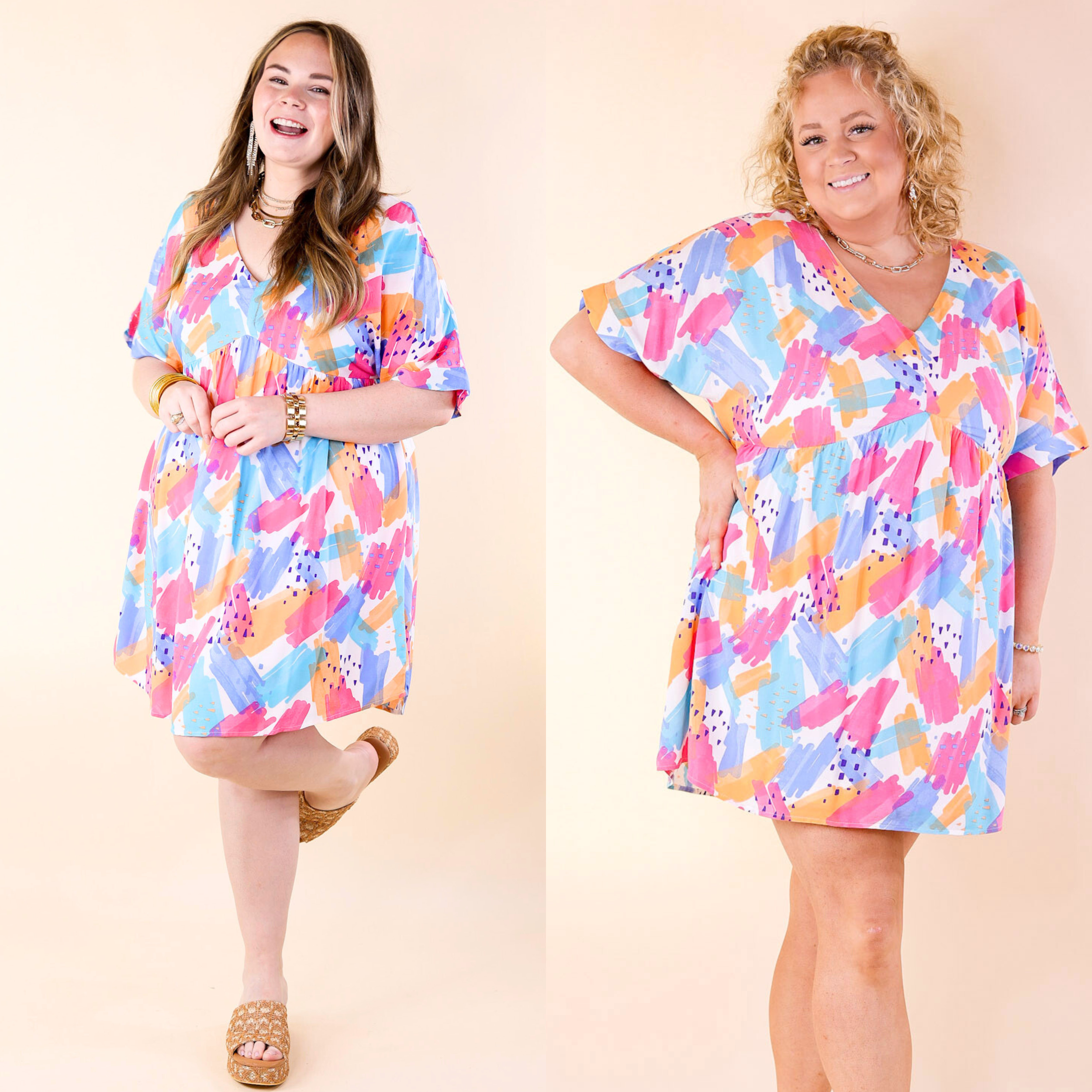 Fresh Blossoms Doodle Print Babydoll Dress with V Neck in Blue Mix - Giddy Up Glamour Boutique