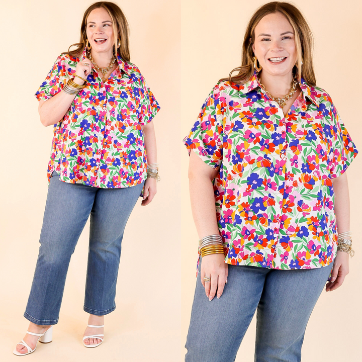 Adventure Awaits Floral Print Button Up Top in Ivory