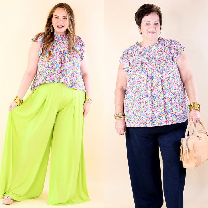 Fun Memories Floral Ruched Front Top with Ruffle Cap Sleeves in Blue Mix - Giddy Up Glamour Boutique