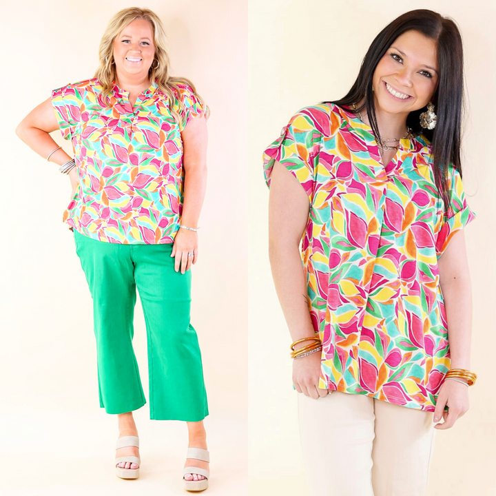 Downtown Darling Floral Print Short Sleeve Tunic Top in Yellow Mix - Giddy Up Glamour Boutique