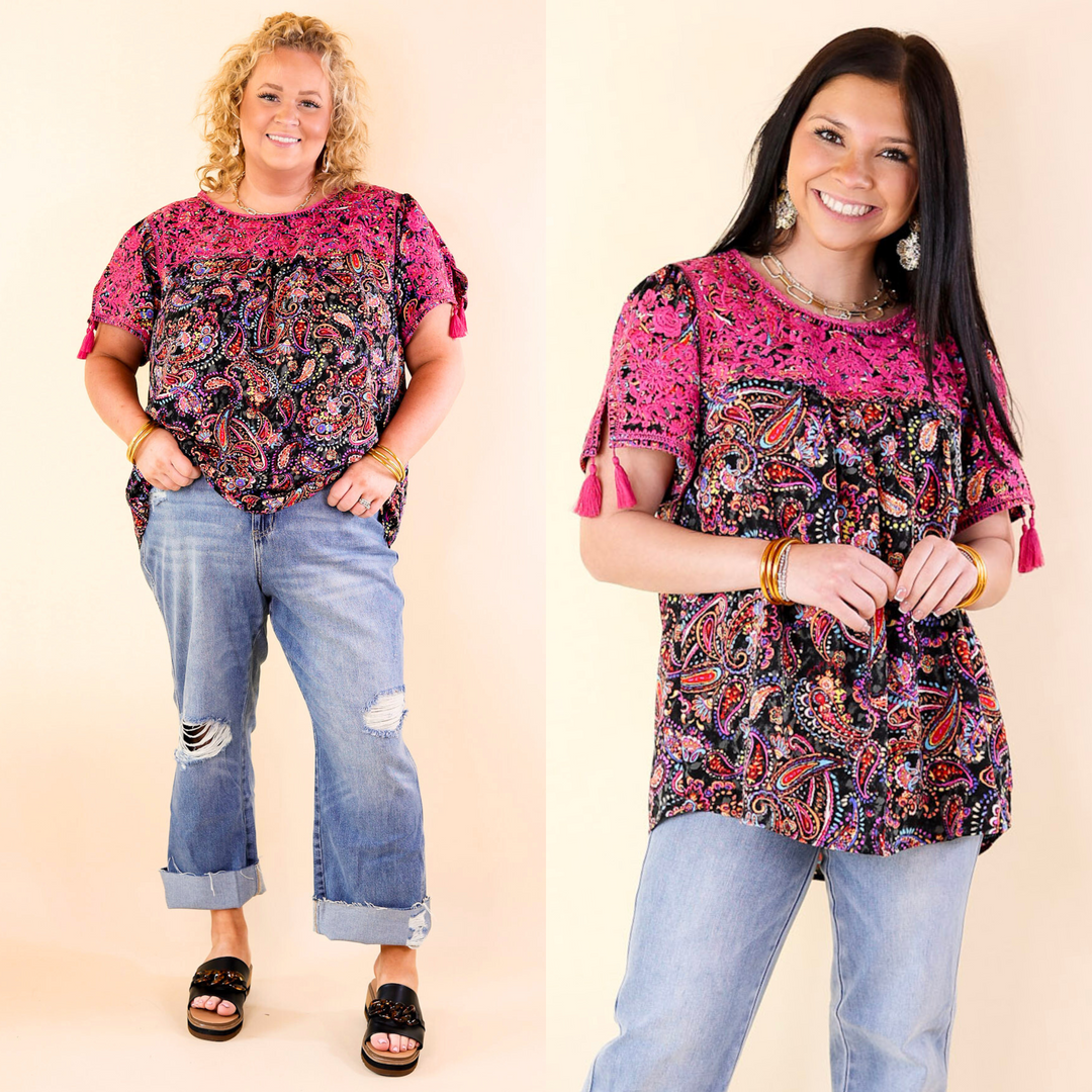 Sweet And Charming Paisley Print Top with Purple Floral Embroidery in Black - Giddy Up Glamour Boutique
