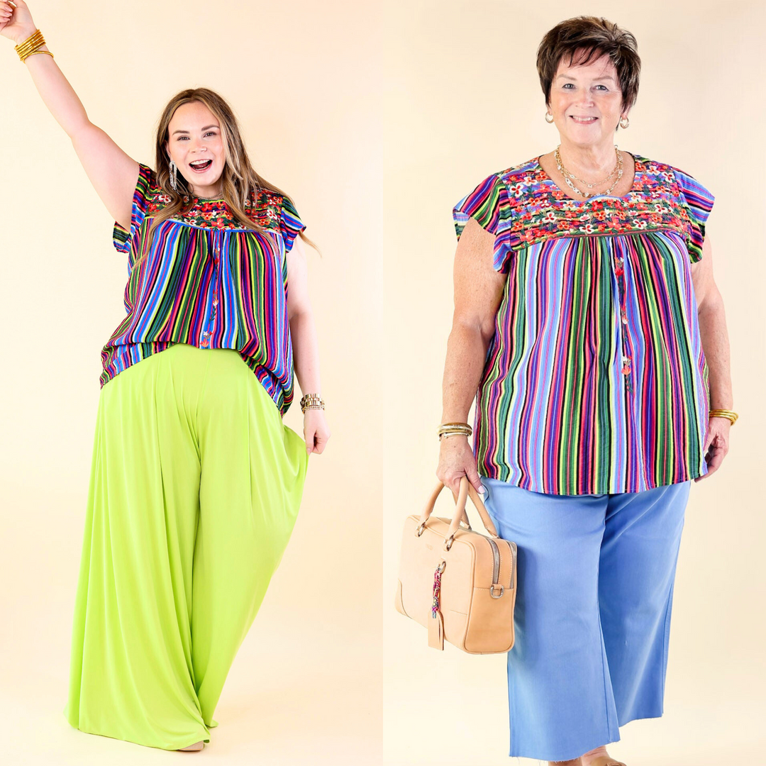 Lajitas Lady Striped Babydoll Top with Floral Embroidery in Green Mix - Giddy Up Glamour Boutique
