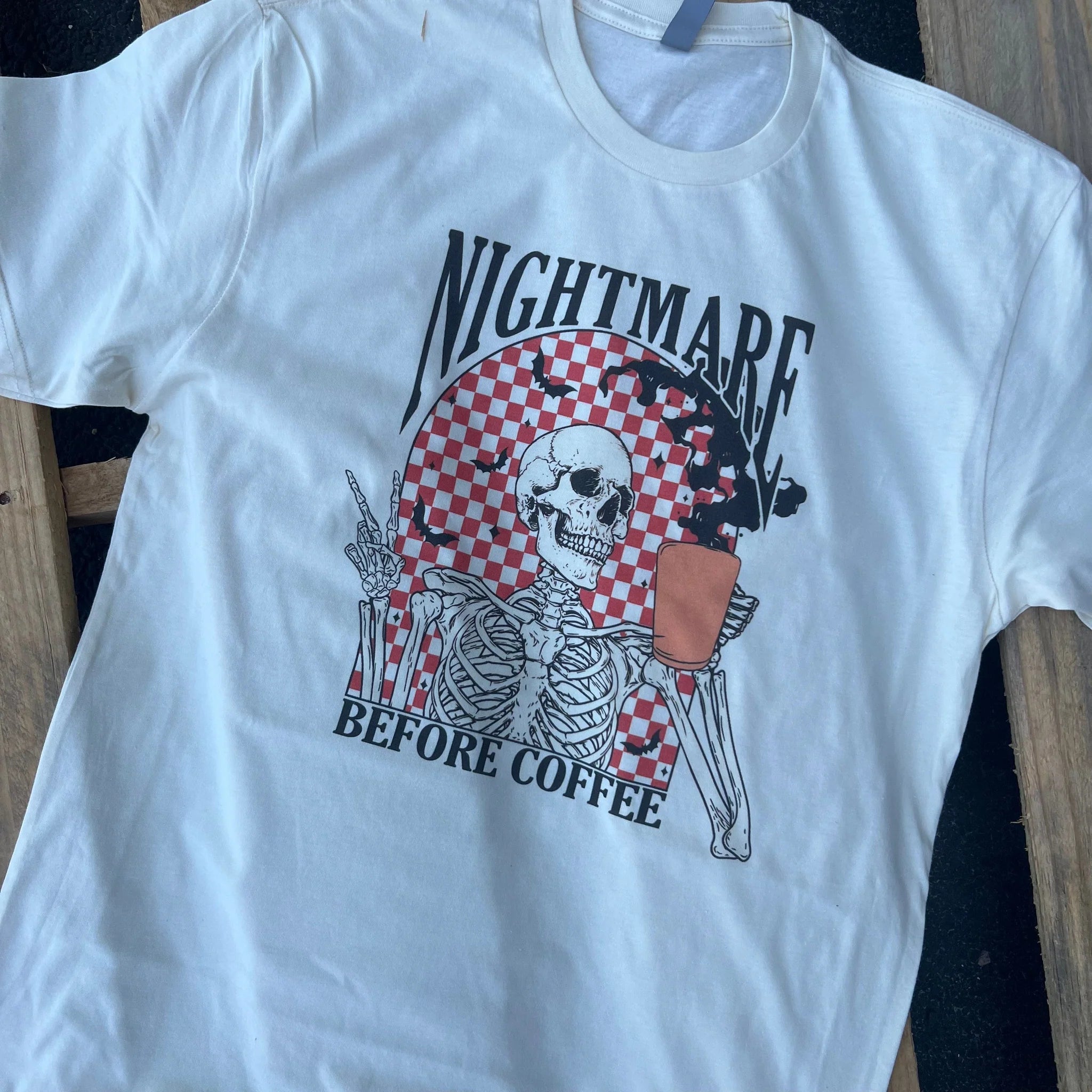 Online Exclusive | Nightmare Before Coffee Short Sleeve Graphic Tee in White - Giddy Up Glamour Boutique