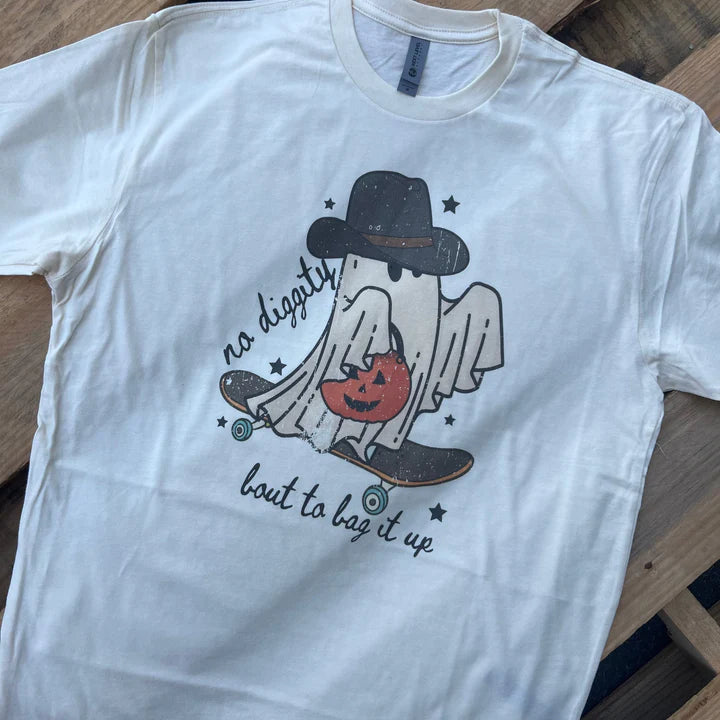 Online Exclusive | No Diggity, About to Bag It Up Halloween Ghost Short Sleeve Graphic Tee in White - Giddy Up Glamour Boutique