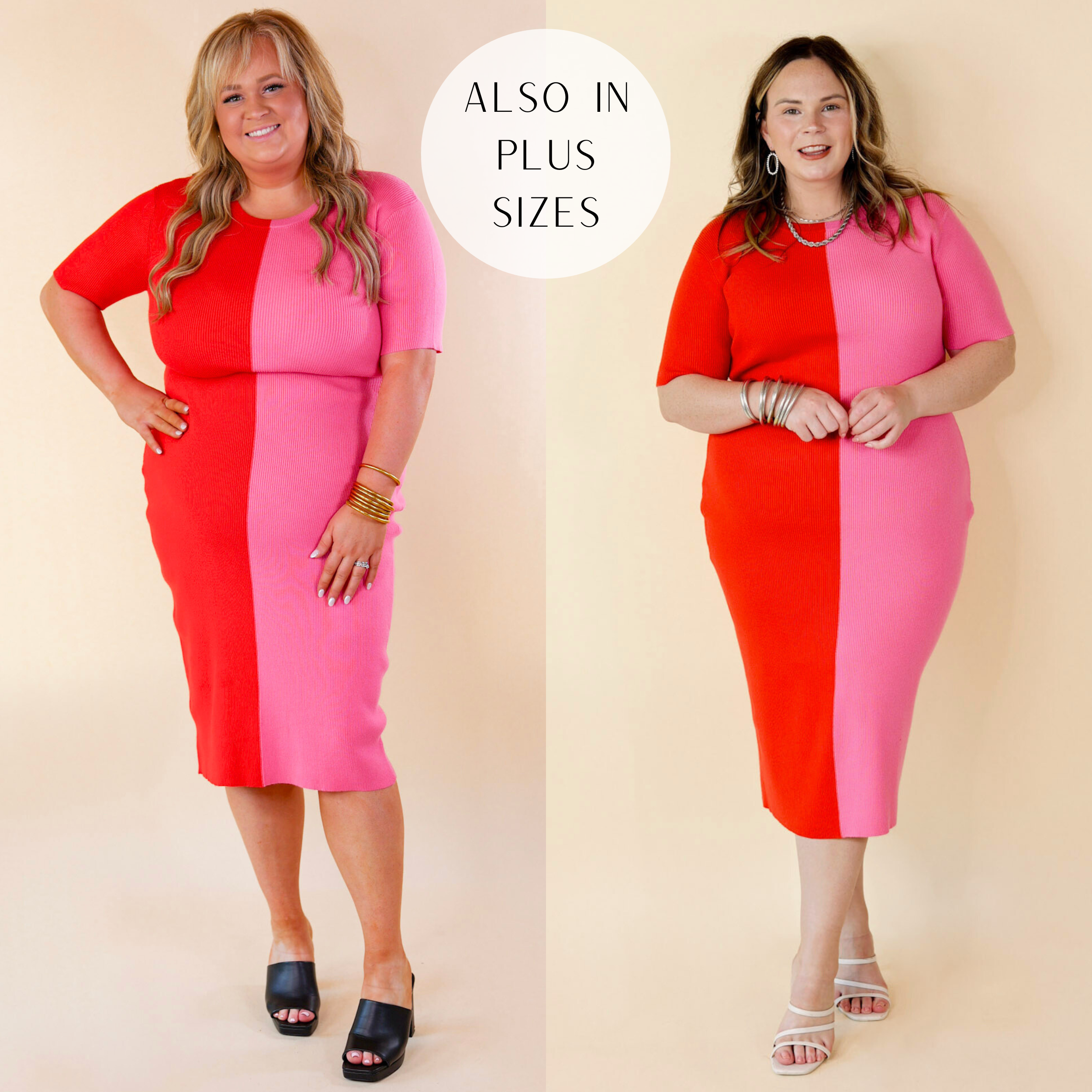 Model is wearing a half red half pink midi dress with short sleeves. Model has it paired with gold jewelry and white booties. Plus size model has the dress paired with black heels and gold jewelry.
