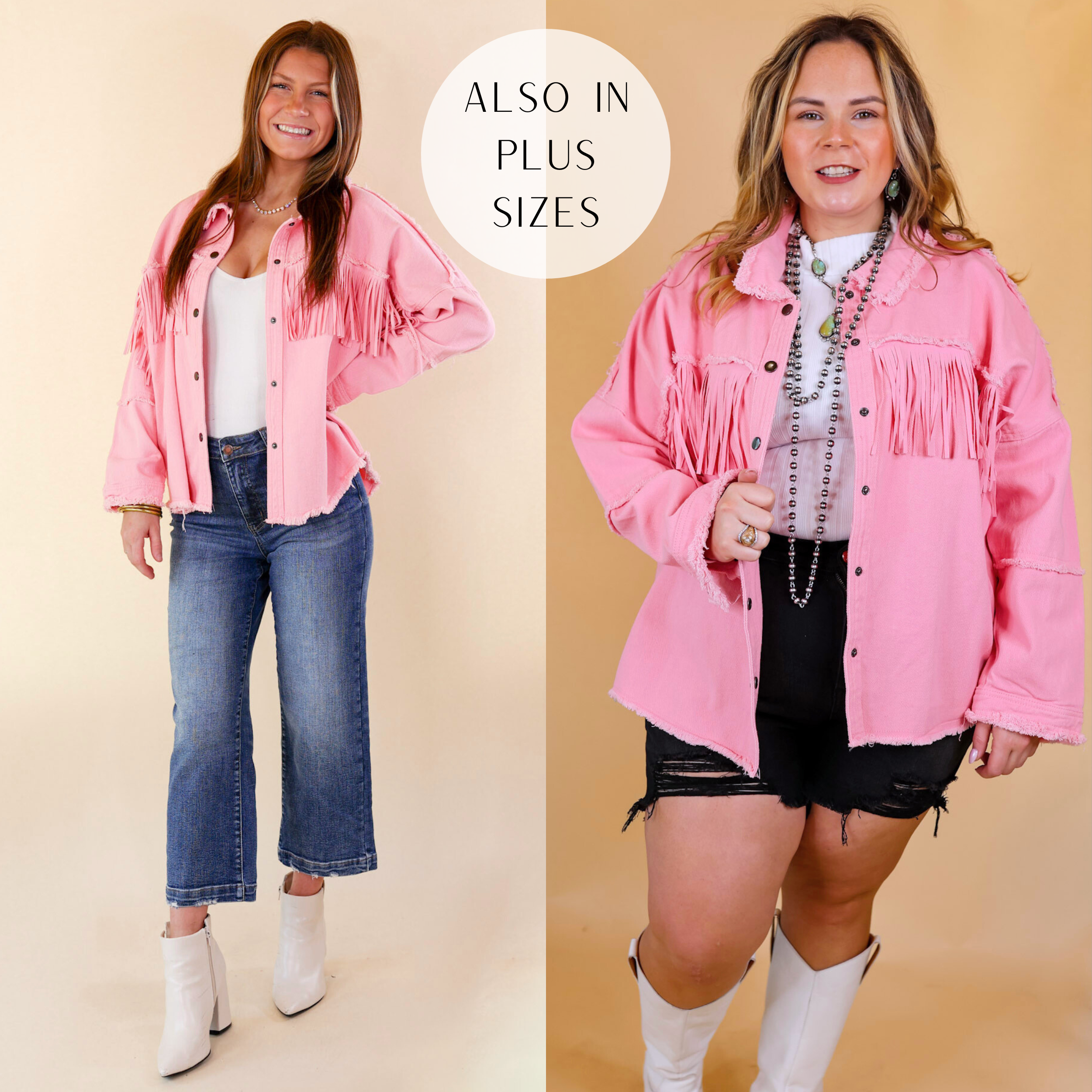 Model is wearing a button down jacket with a raw hem and fringe along the front in electric pink. Model has this jacket paired with black shorts, white boots, and Navajo jewelry. Background is solid tan. 