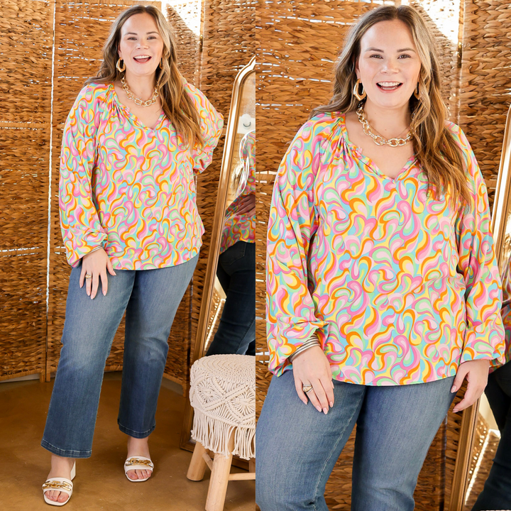 Follow Your Happiness Notched V Neck Psychedelic Top with Long Sleeves in Pink Mix