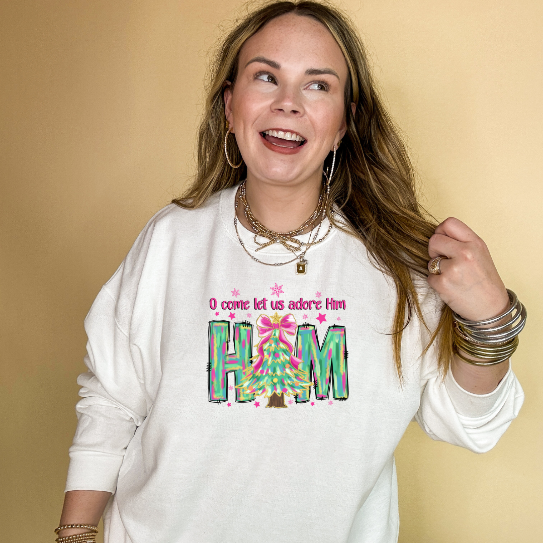 Online Exclusive | "Oh Come Let Us Adore Him" Christmas Tree Graphic Sweatshirt in Multiple Color Options