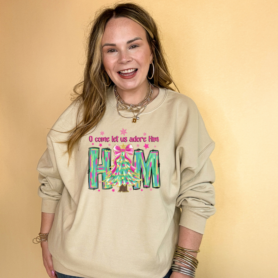 Online Exclusive | "Oh Come Let Us Adore Him" Christmas Tree Graphic Sweatshirt in Multiple Color Options