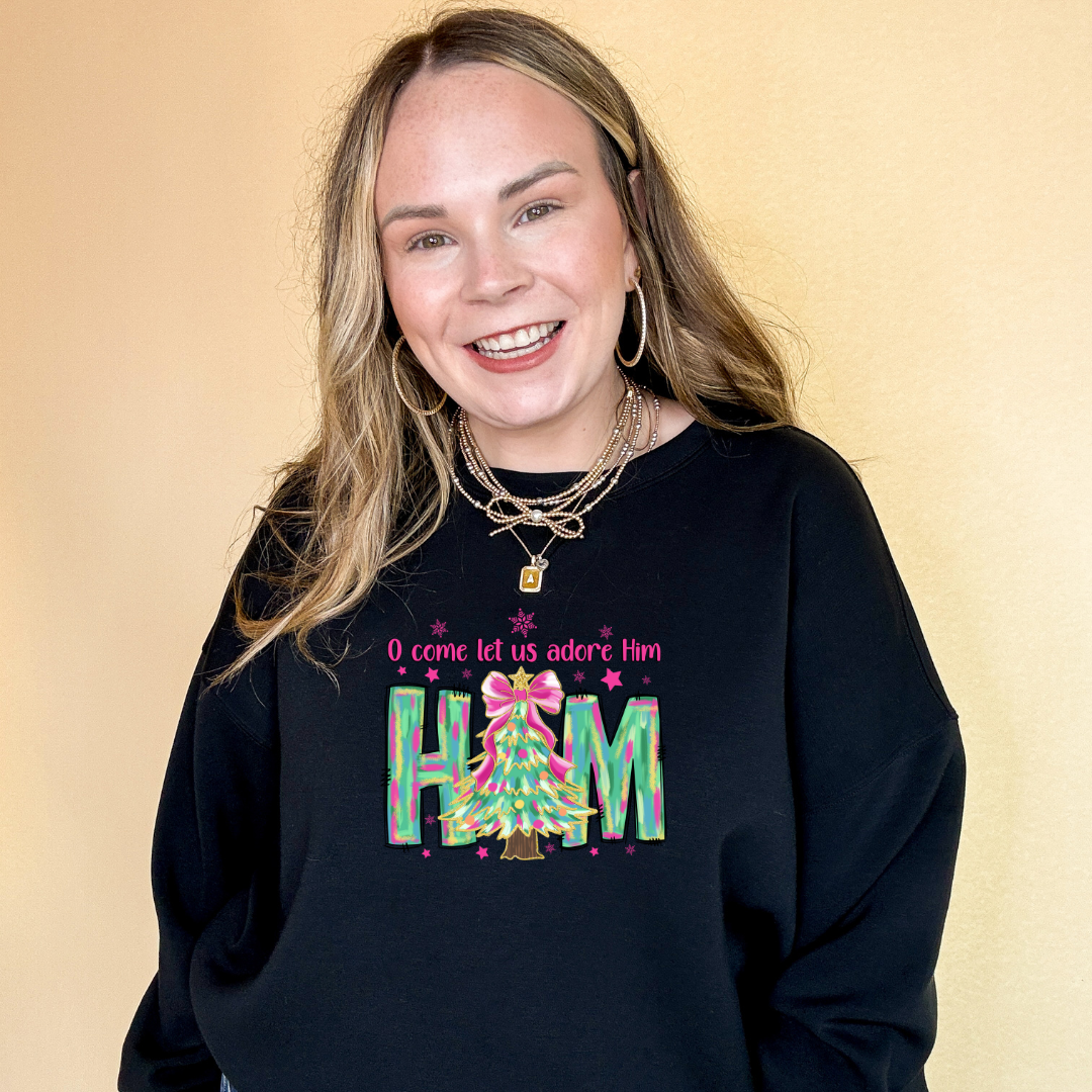 Online Exclusive | "Oh Come Let Us Adore Him" Christmas Tree Graphic Sweatshirt in Multiple Color Options