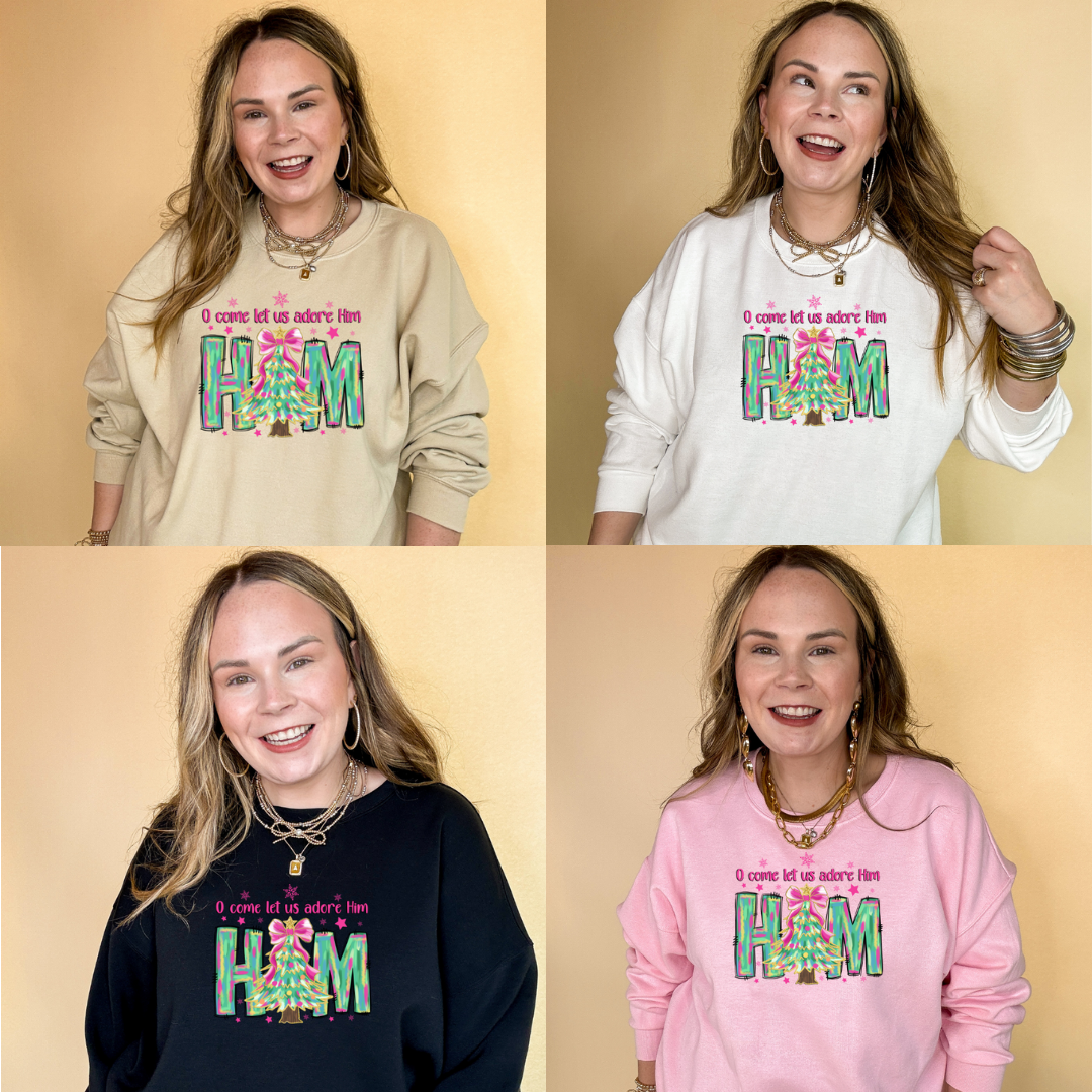 Online Exclusive | "Oh Come Let Us Adore Him" Christmas Tree Graphic Sweatshirt in Multiple Color Options