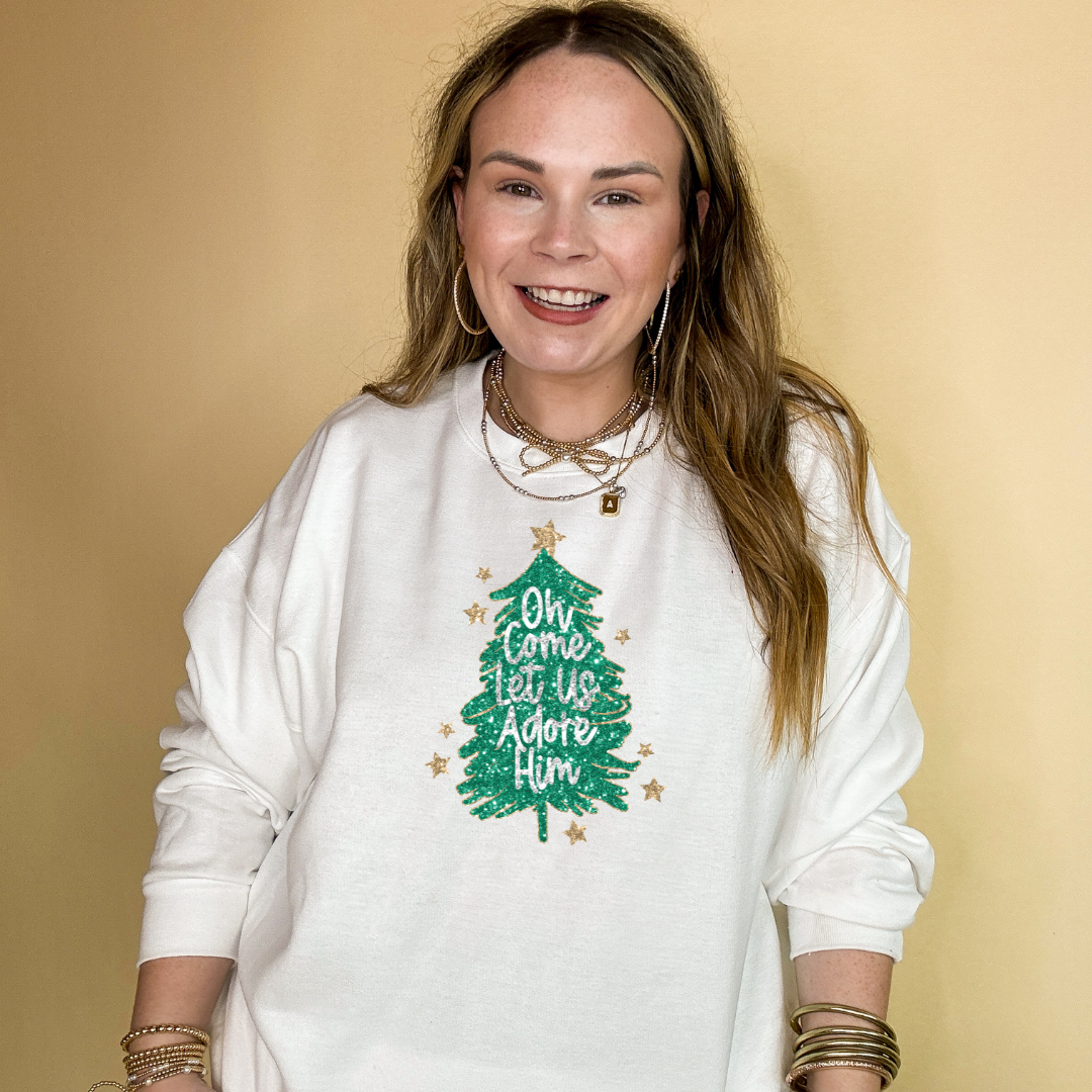 Online Exclusive | "Oh Come Let Us Adore Him" Glitter Christmas Tree With Gold Star Graphic Sweatshirt in Multiple Color Options