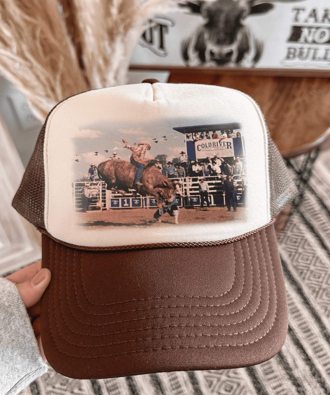 Made to Order | Ole Hud The Bull Rider Trucker Hat in Brown and Tan
