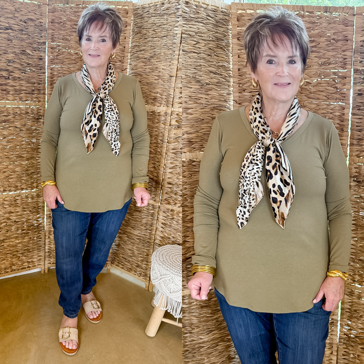 Simple V Neck Solid Long Sleeve Tee in Khaki Olive