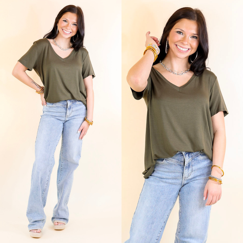 It's That Simple Solid V Neck Tee in Olive Green