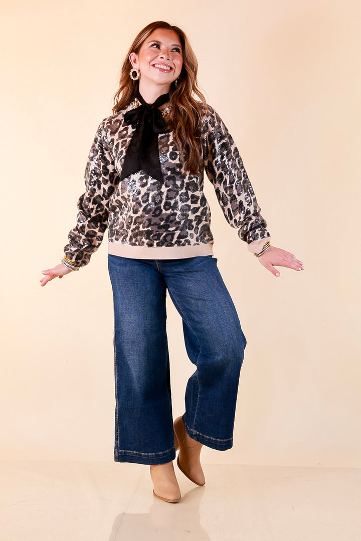 On the Prowl Sequin Leopard Long Sleeve Crew Neck Sweater in Black and Grey