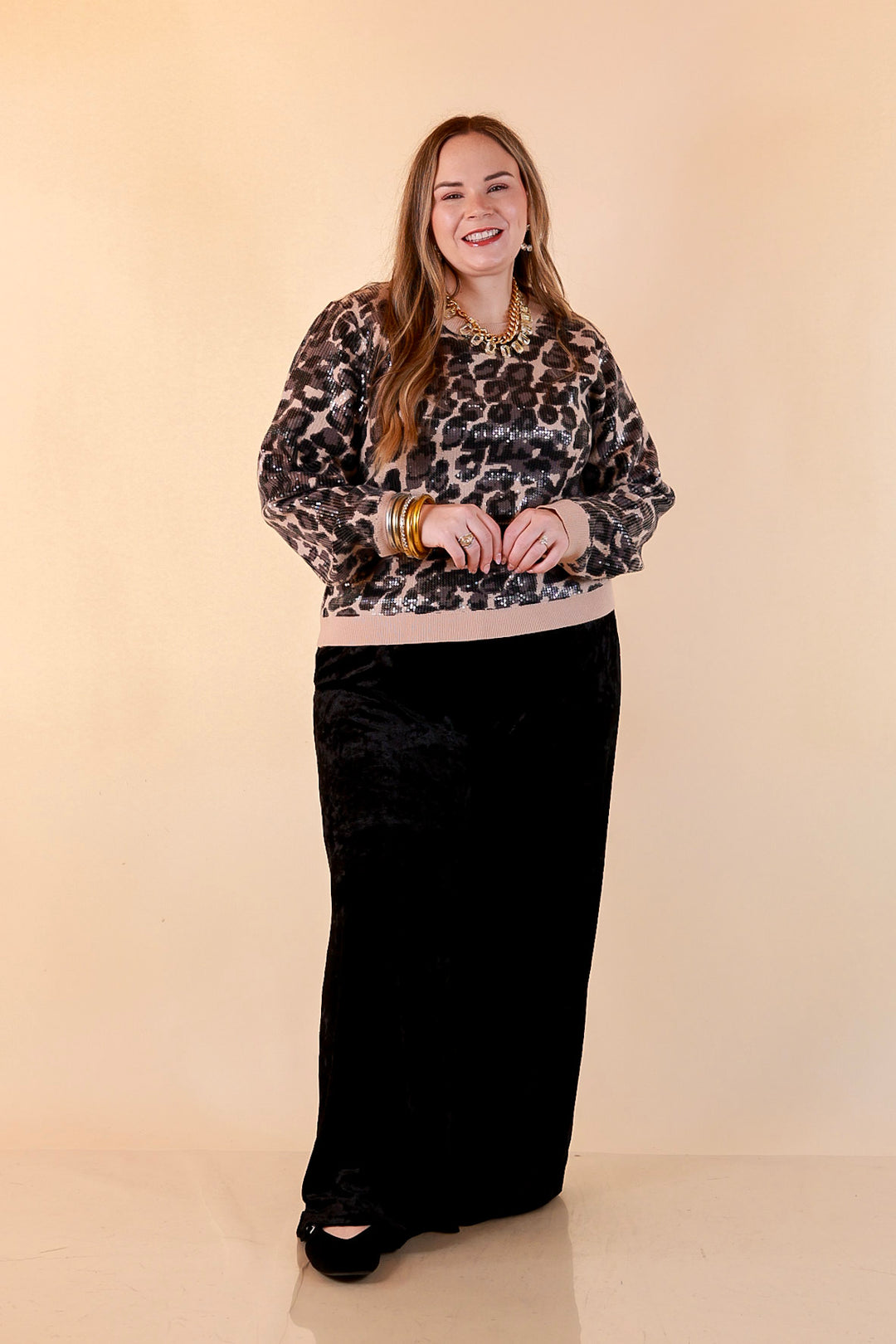 On the Prowl Sequin Leopard Long Sleeve Crew Neck Sweater in Black and Grey