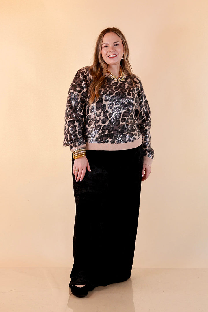 On the Prowl Sequin Leopard Long Sleeve Crew Neck Sweater in Black and Grey