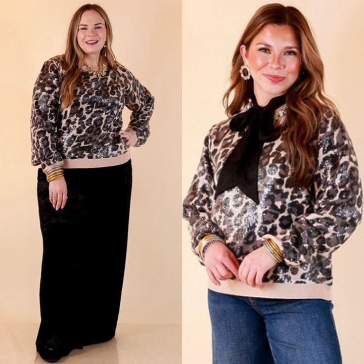 Two images of a woman wearing the On the Prowl Sequin Leopard Long Sleeve Crew Neck Sweater in Black and Grey on a beige background