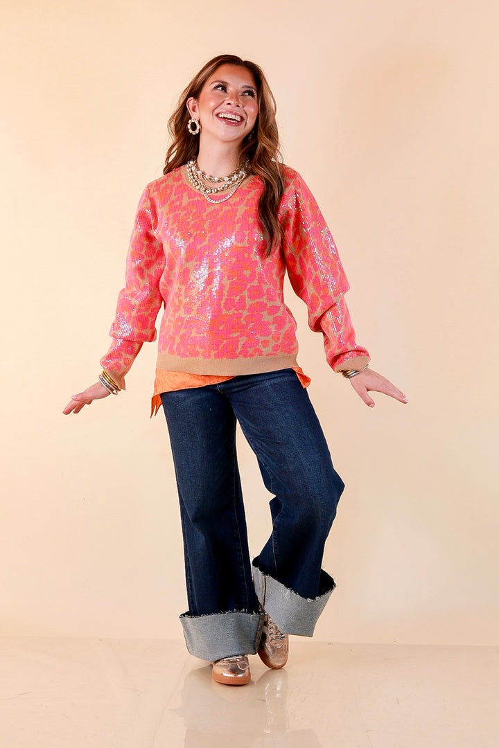 On the Prowl Sequin Leopard Long Sleeve Crew Neck Sweater in Hot Pink and Orange
