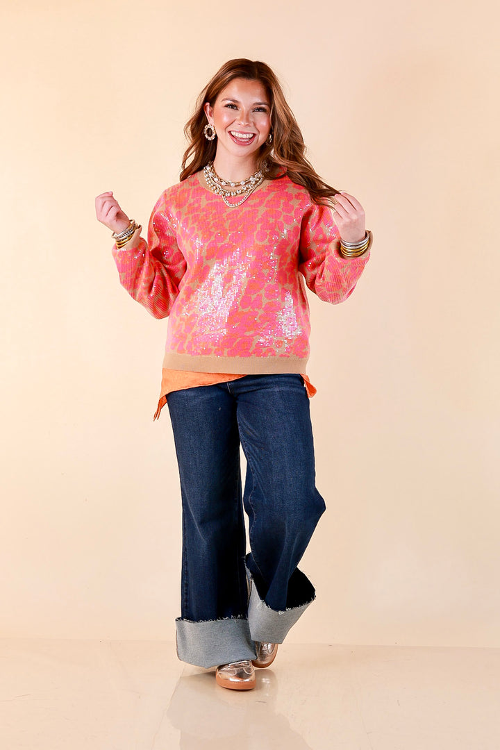 On the Prowl Sequin Leopard Long Sleeve Crew Neck Sweater in Hot Pink and Orange