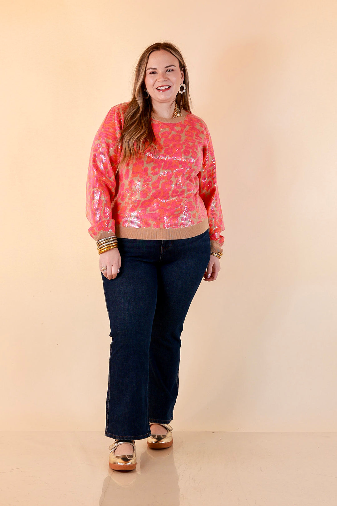 On the Prowl Sequin Leopard Long Sleeve Crew Neck Sweater in Hot Pink and Orange