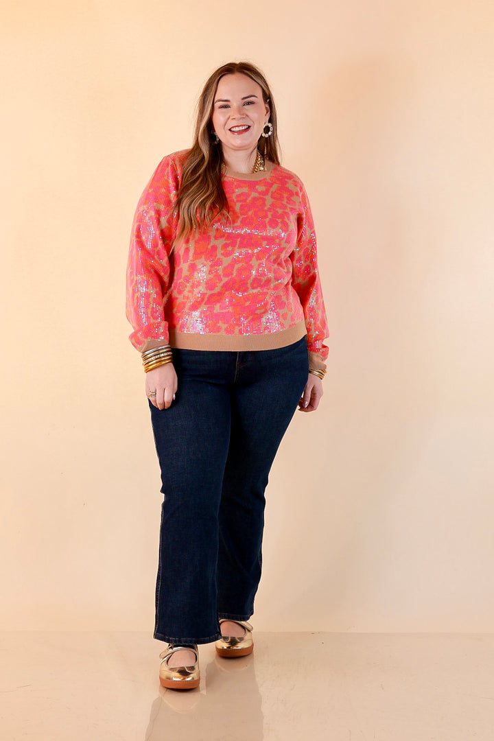 On the Prowl Sequin Leopard Long Sleeve Crew Neck Sweater in Hot Pink and Orange