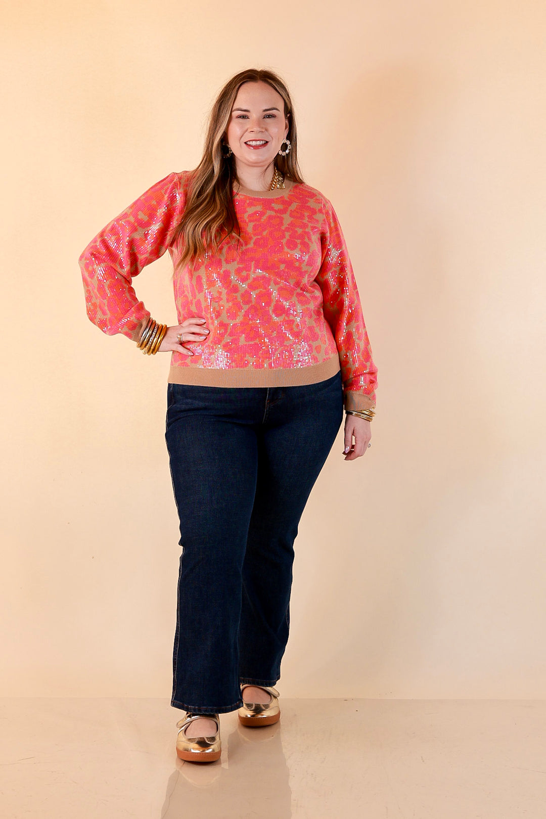 On the Prowl Sequin Leopard Long Sleeve Crew Neck Sweater in Hot Pink and Orange