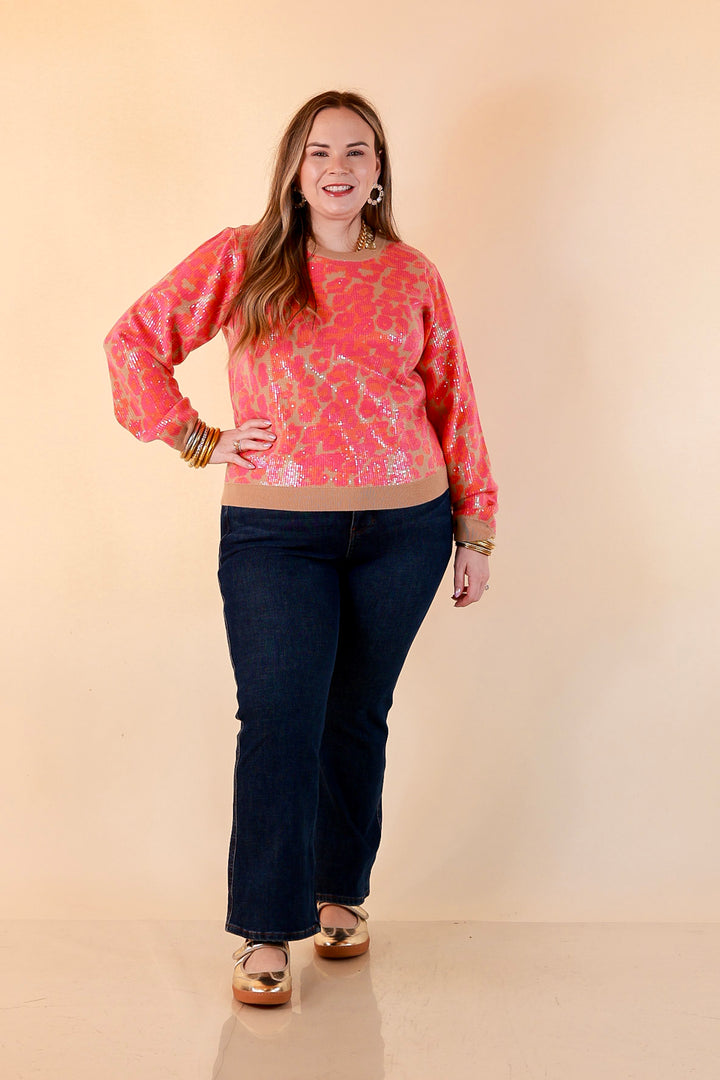 On the Prowl Sequin Leopard Long Sleeve Crew Neck Sweater in Hot Pink and Orange