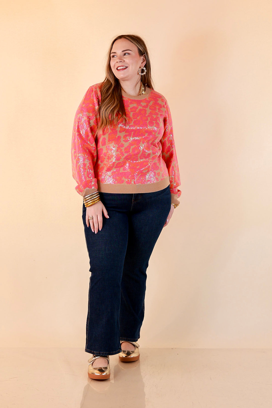 On the Prowl Sequin Leopard Long Sleeve Crew Neck Sweater in Hot Pink and Orange