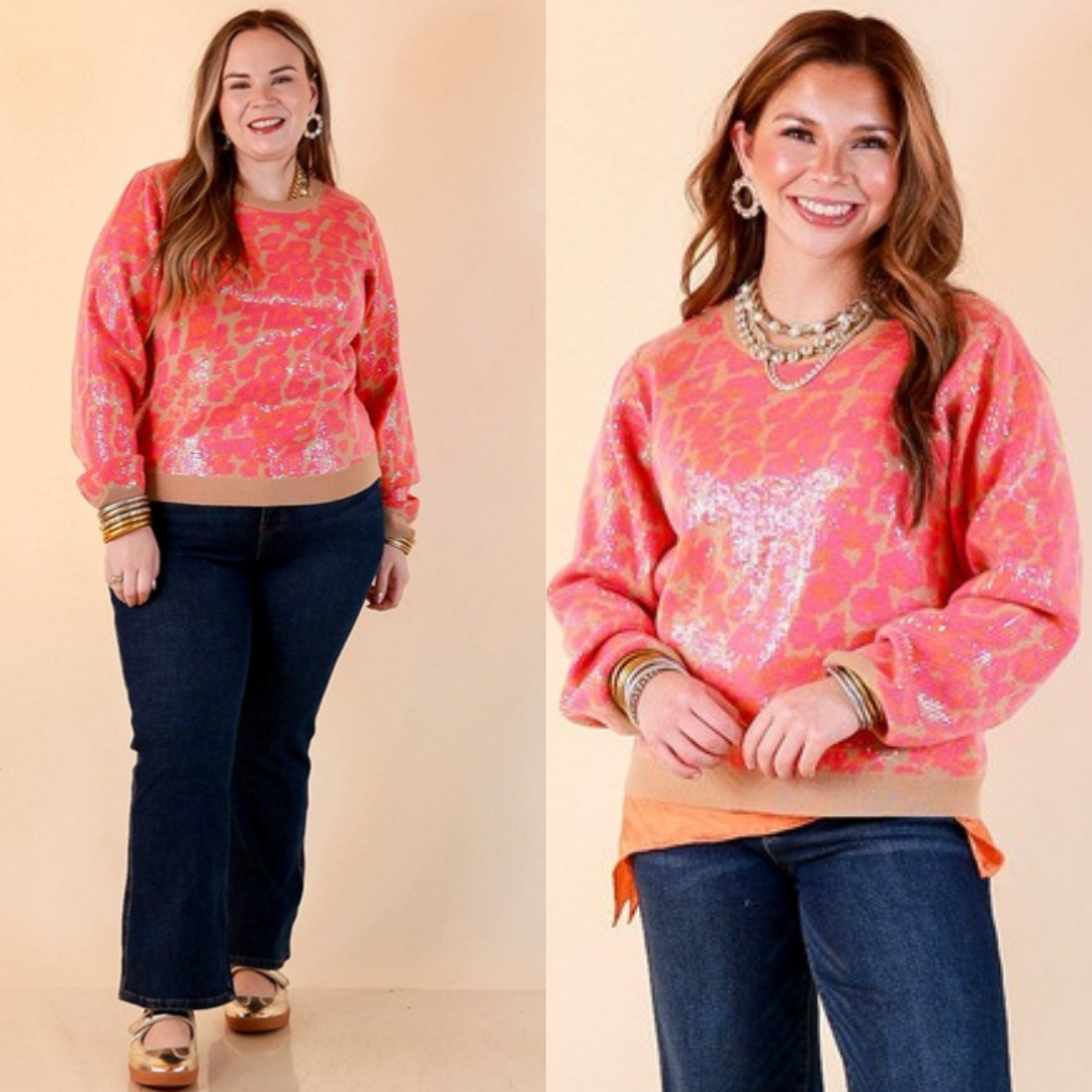Two images of a woman wearing the On the Prowl Sequin Leopard Long Sleeve Crew Neck Sweater in Hot Pink and Orange on a beige background