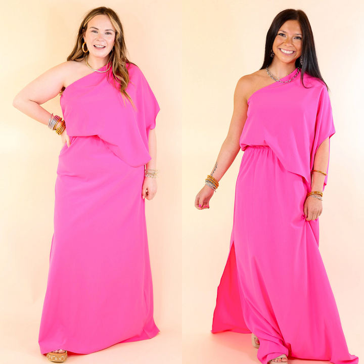 Chic Romance One Shoulder Unbalanced Maxi Dress in Fuchsia Pink