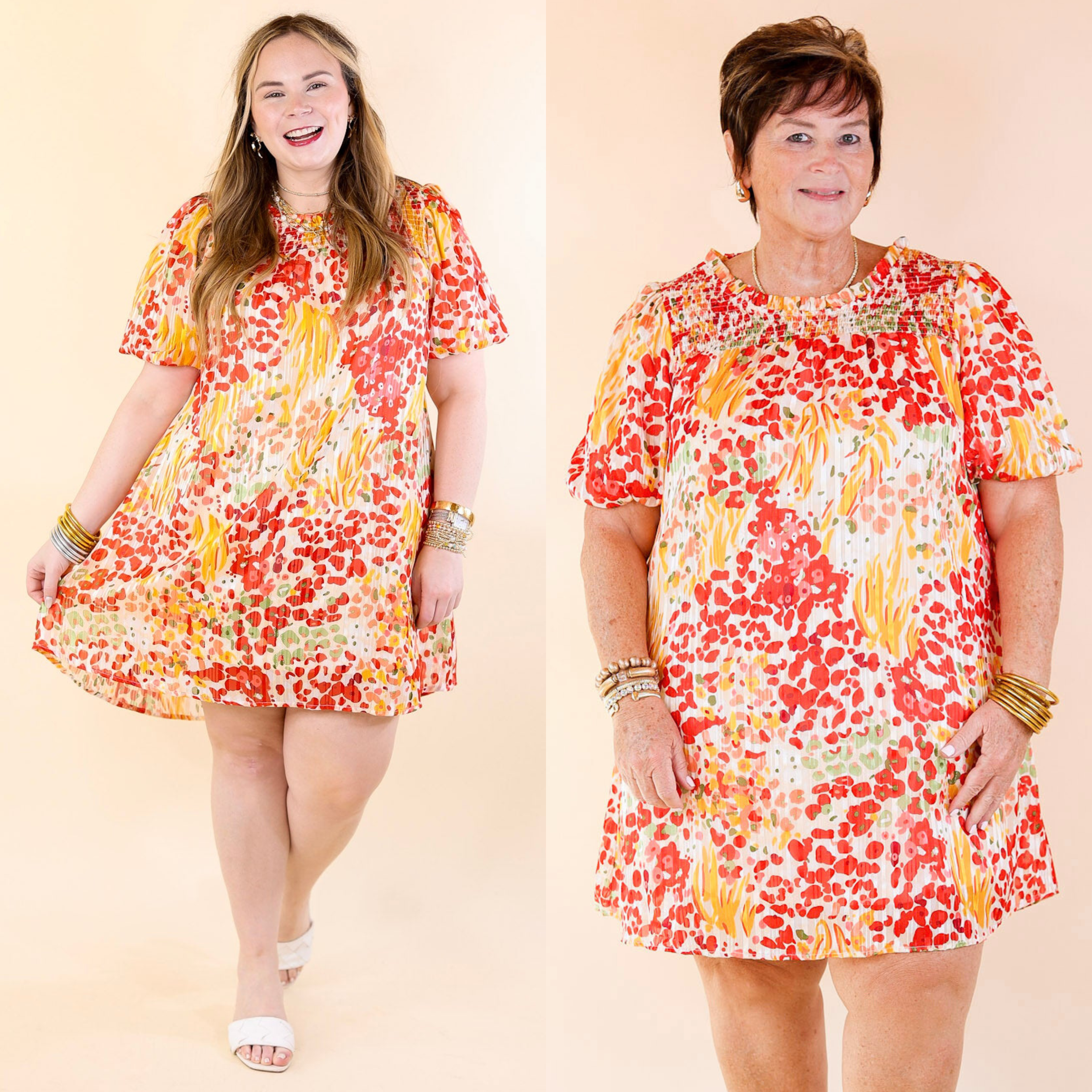 Simply Radiant Mix Floral Print Dress with Short Sleeves in Red and Yellow Mix