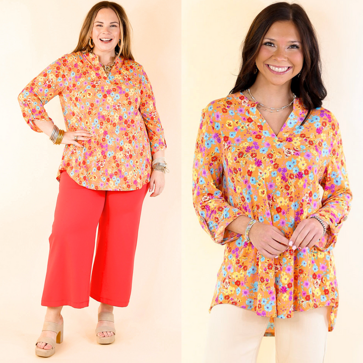 Urban Elegance Floral Print 3/4 Sleeve Tunic Top in Orange