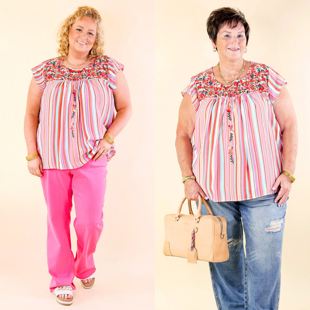 Lajitas Lady Striped Babydoll Top with Floral Embroidery in Pink and Turquoise - Giddy Up Glamour Boutique