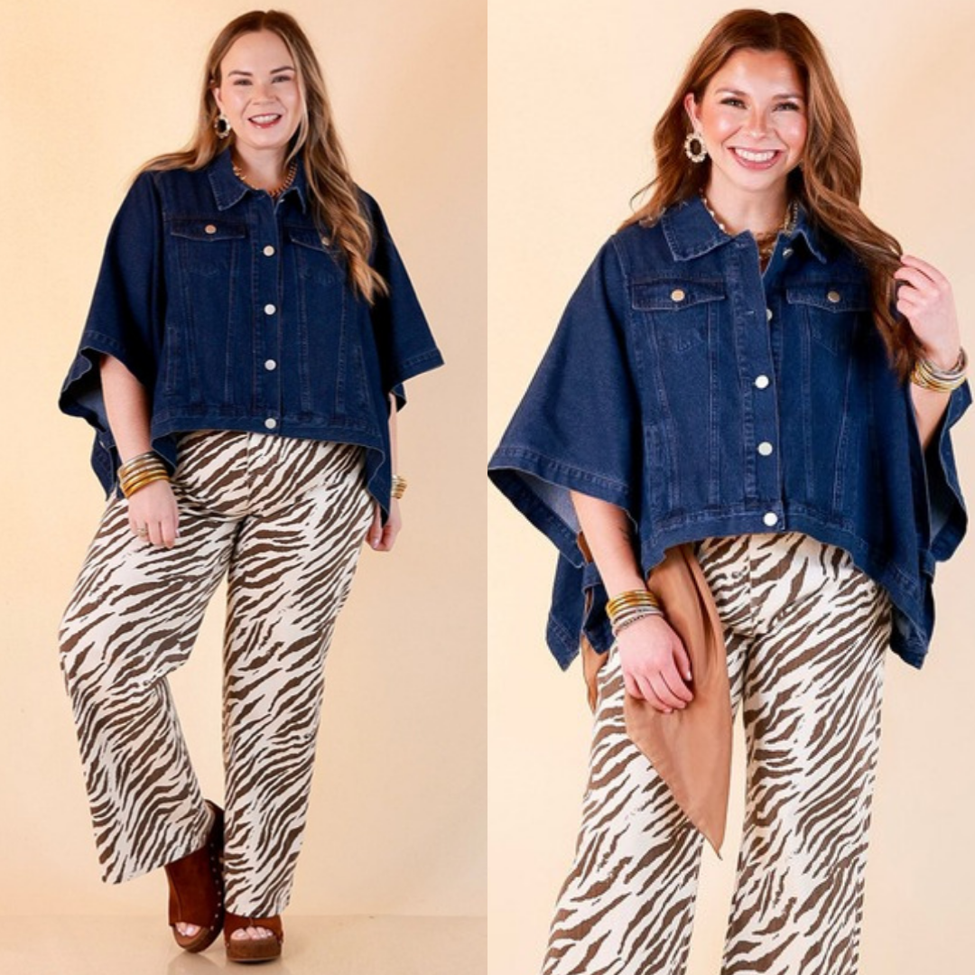 Two images of a woman wearing the Out of the Blue Oversized Dolman Sleeve Snap Front Denim Jacket in Dark Wash on a beige background